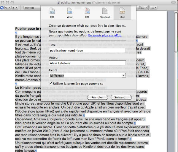 pages09 Pages 09 propose une fonction d'export au format Epub mais vous pouvez l'oublier tellement est elle limitée pour ne pas dire buggée !