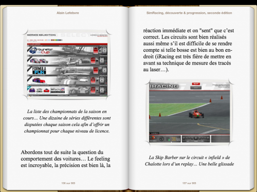 Le livre "SimRacing" sur deux pages dans l'application "iBooks" de l'iPad